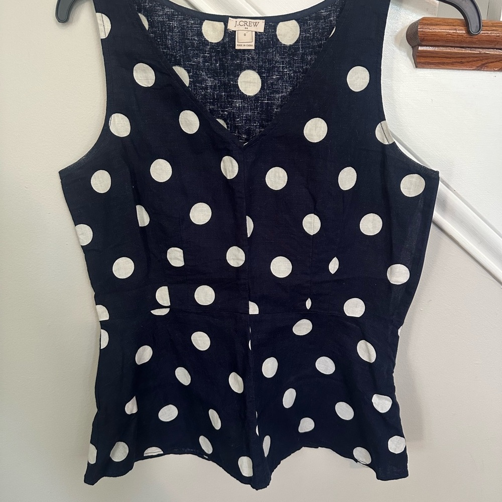 J. Crew Navy and White Polka Dot Women's Linen Peplum Top